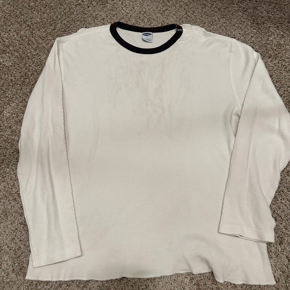 Old Navy Mens Waffle Knit Ringer Shirt Large White Preowned Stains Flaws